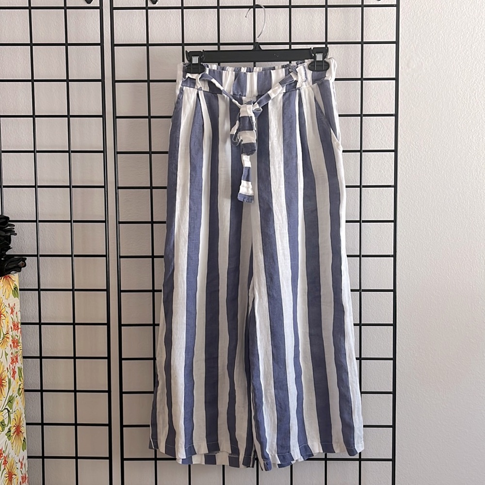 Italian Made Stripe Linen Wide Leg Crop Pants